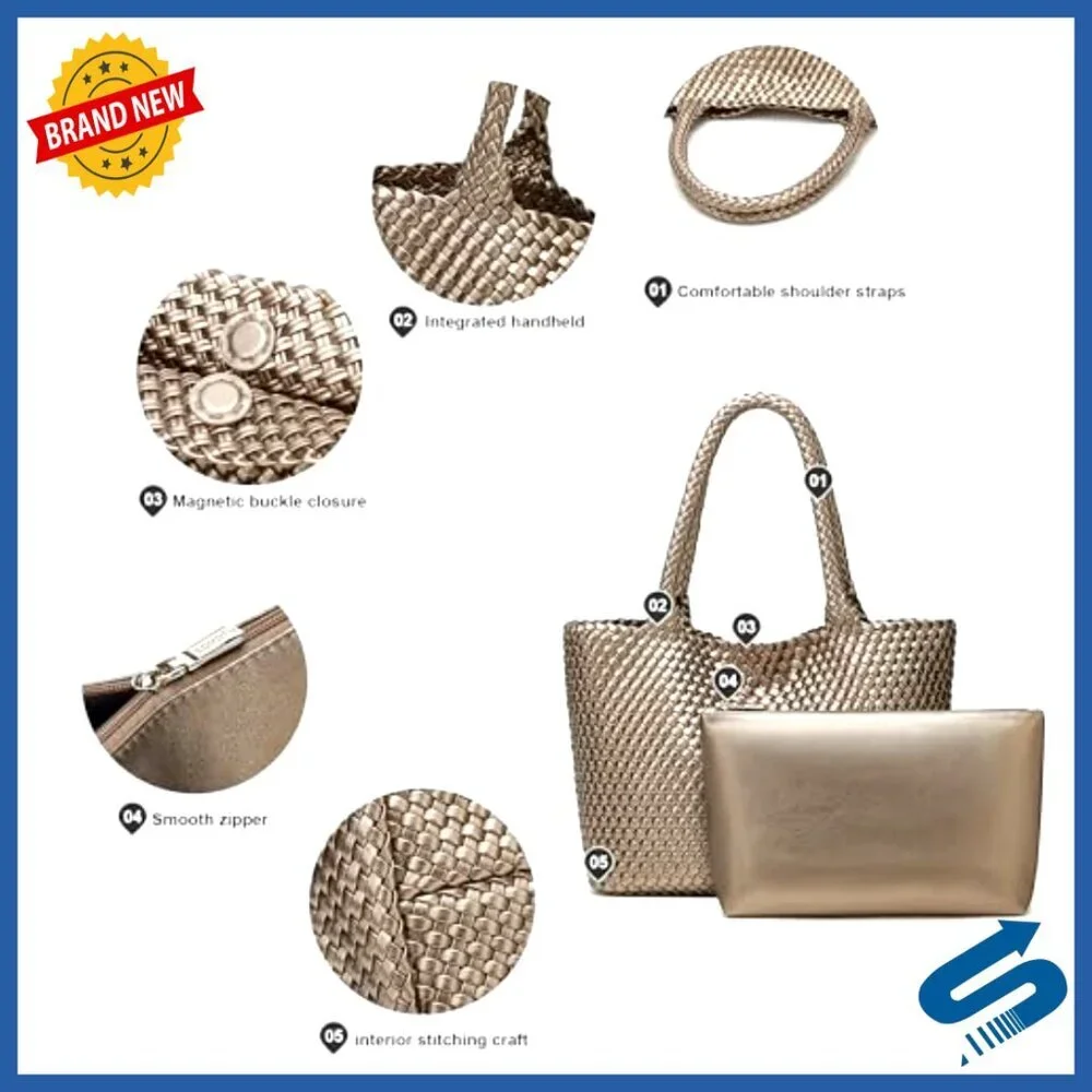 Vegan Leather Woven Tote Bag Large Travel Beach Shoulder Handbag Satchel